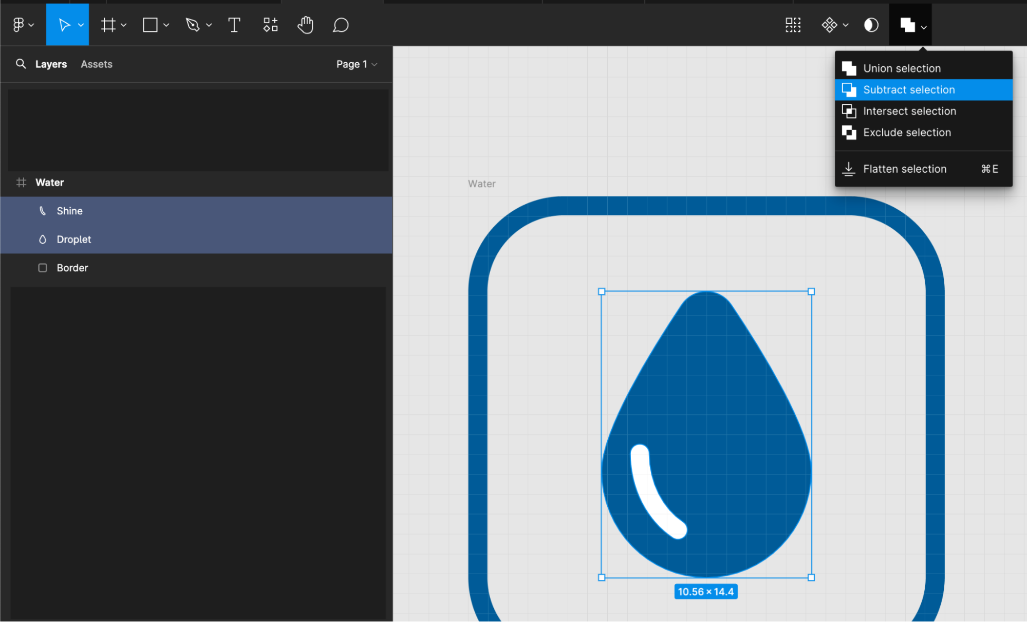 A screenshot of Figma showing the 'Shine' and 'Droplet' layers selected, along with the 'Subtract selection' option highlighted in the 'Boolean Groups' dropdown.