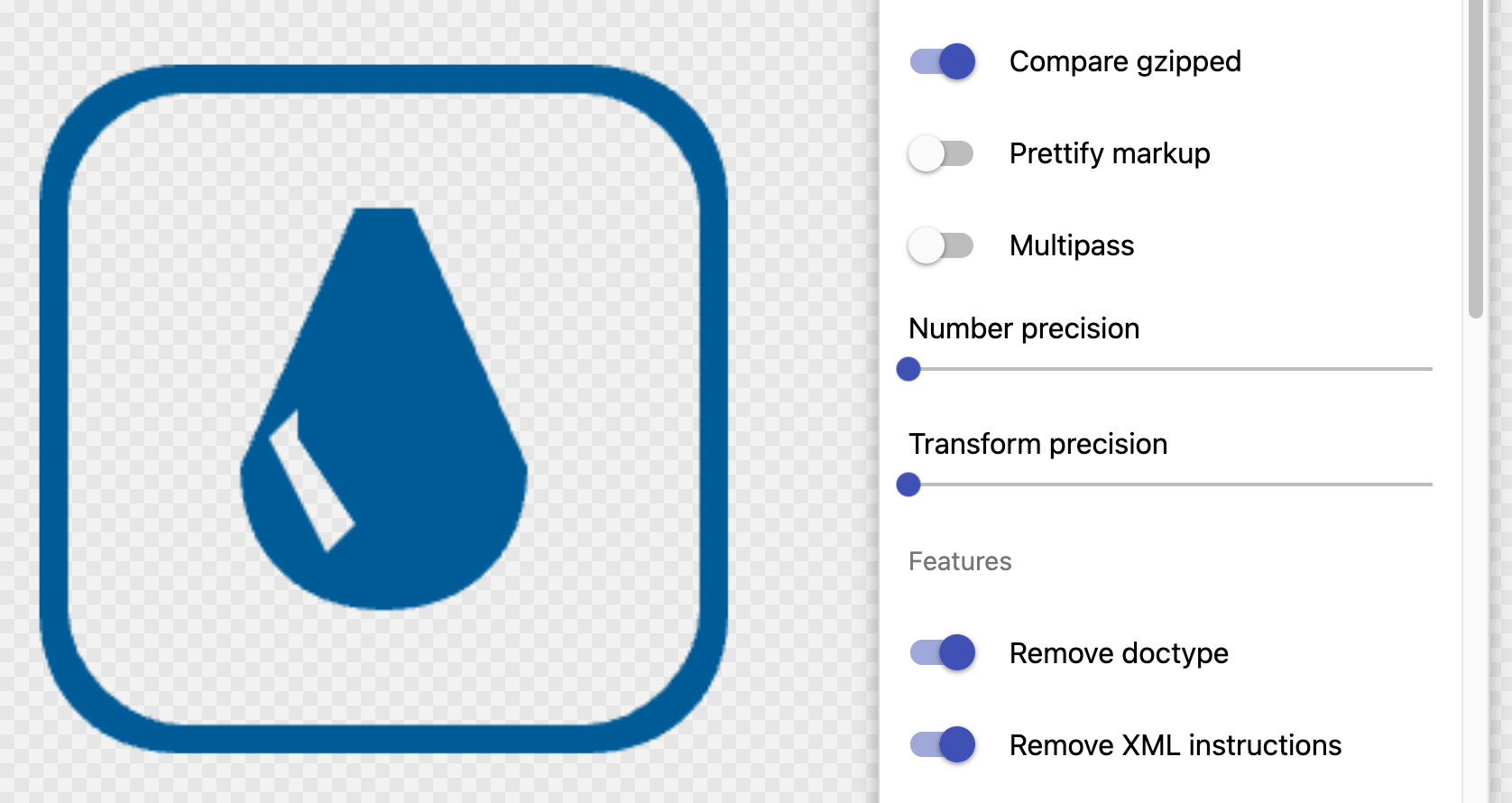 A screenshot of SVGOMG showing the 'Number precision' slider at its lowest setting, and a preview of the water icon that's ugly, angular, and deformed.