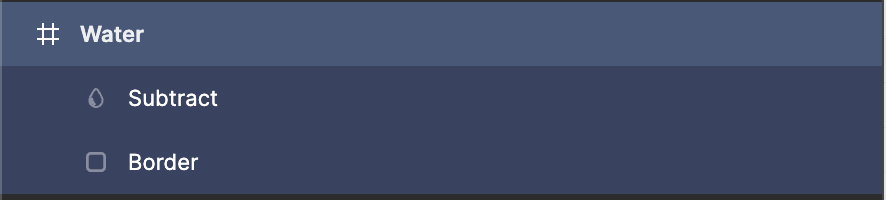 A screenshot of Figma's layers panel showing two layers 'Subtract' and 'Border' inside of a frame titled 'Water'.