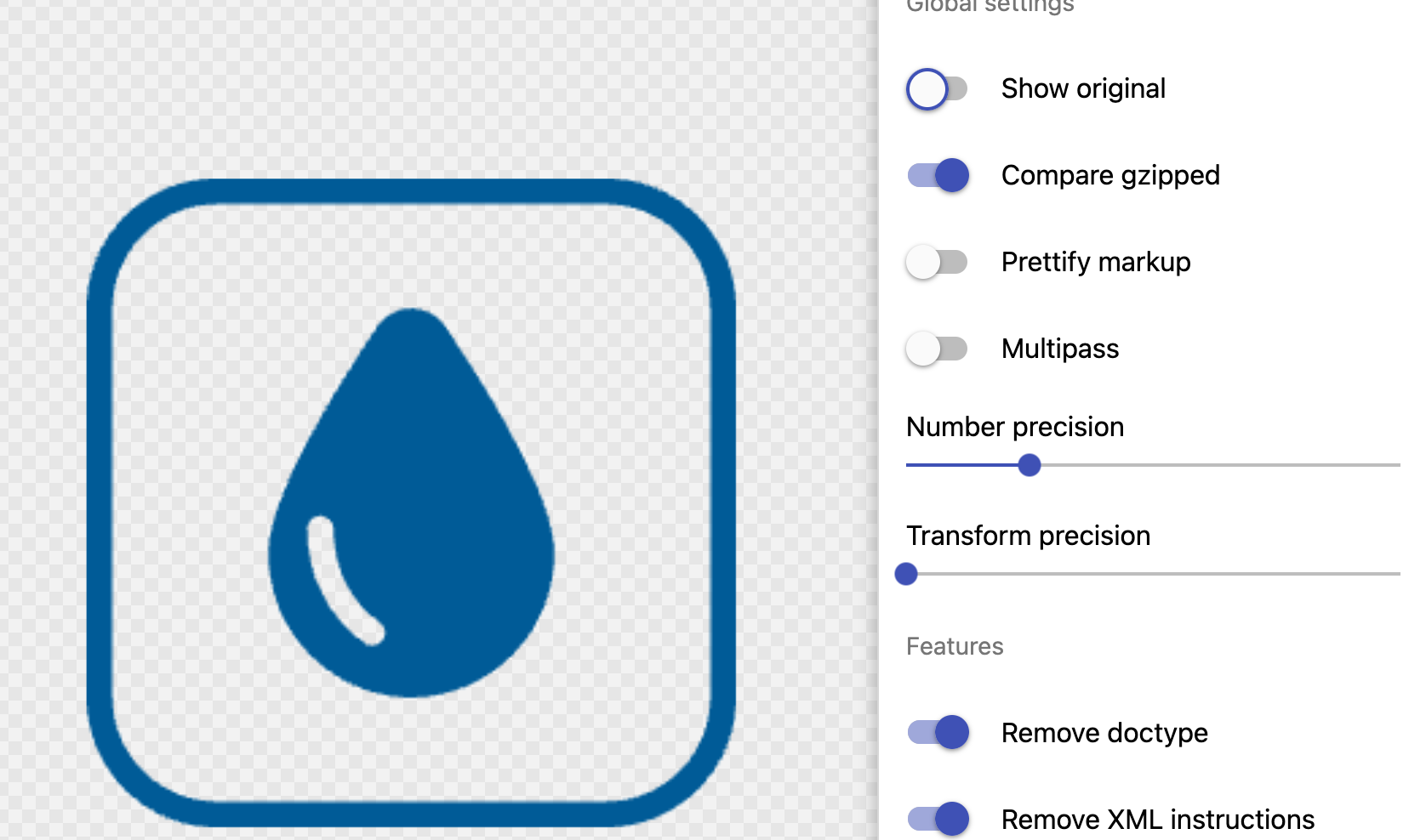 A screenshot of SVGOMG showing the 'Number precision' slider at a quarter of the way up from zero, and a preview of the water icon that looks almost identical to how it did in Figma.