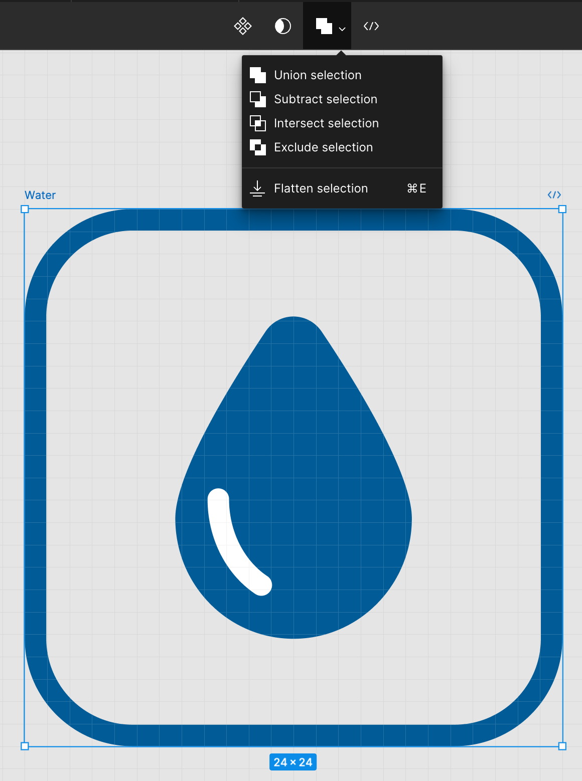 A screenshot of Figma showing the water icon highlighted and the 'Boolean Groups' dropdown opened.