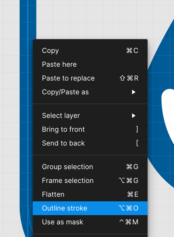 A screenshot of the Figma context menu when right-clicking on a path. 'Outline stroke' is the highlighted option.