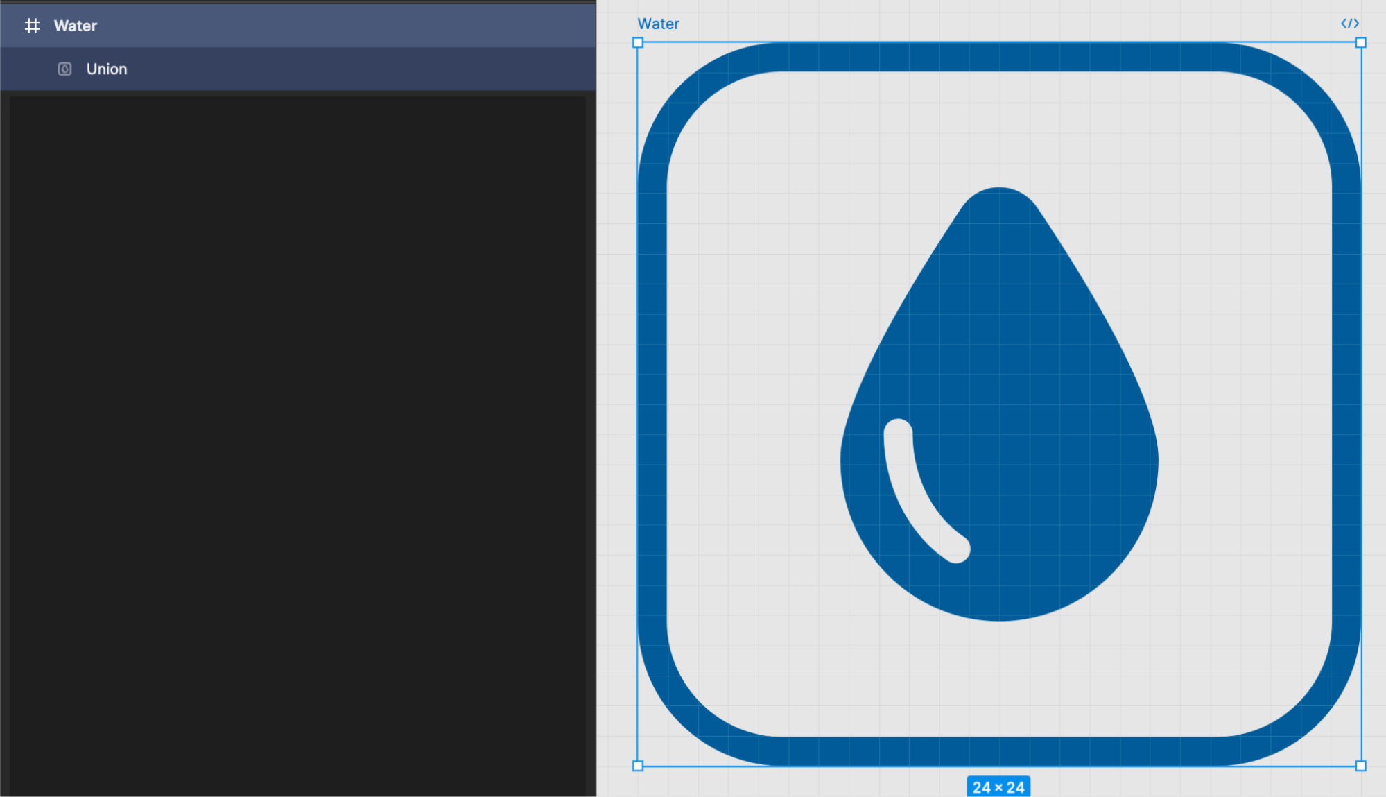 A screenshot of Figma showing the 'Water' frame selected in the layers panel and the entire icon selected.