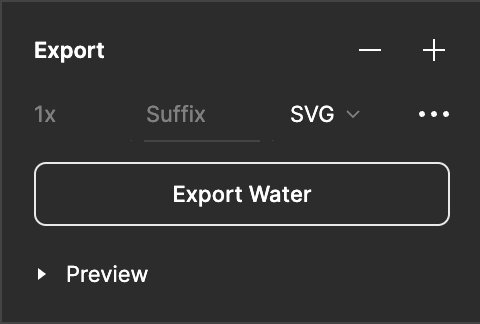 A screenshot of Figma's export panel. SVG is selected in the format dropdown, and a button reads 'Export Water'.