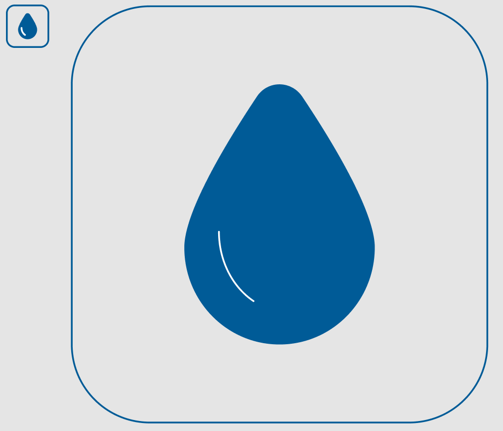 A small-sized version of an icon is on the left, and a large-sized version of an icon is on the right. The icon is a representation of a water droplet surrounded by a rounded border. Both the droplet and border are blue. The small-sized version looks good, and the large size version looks bad.