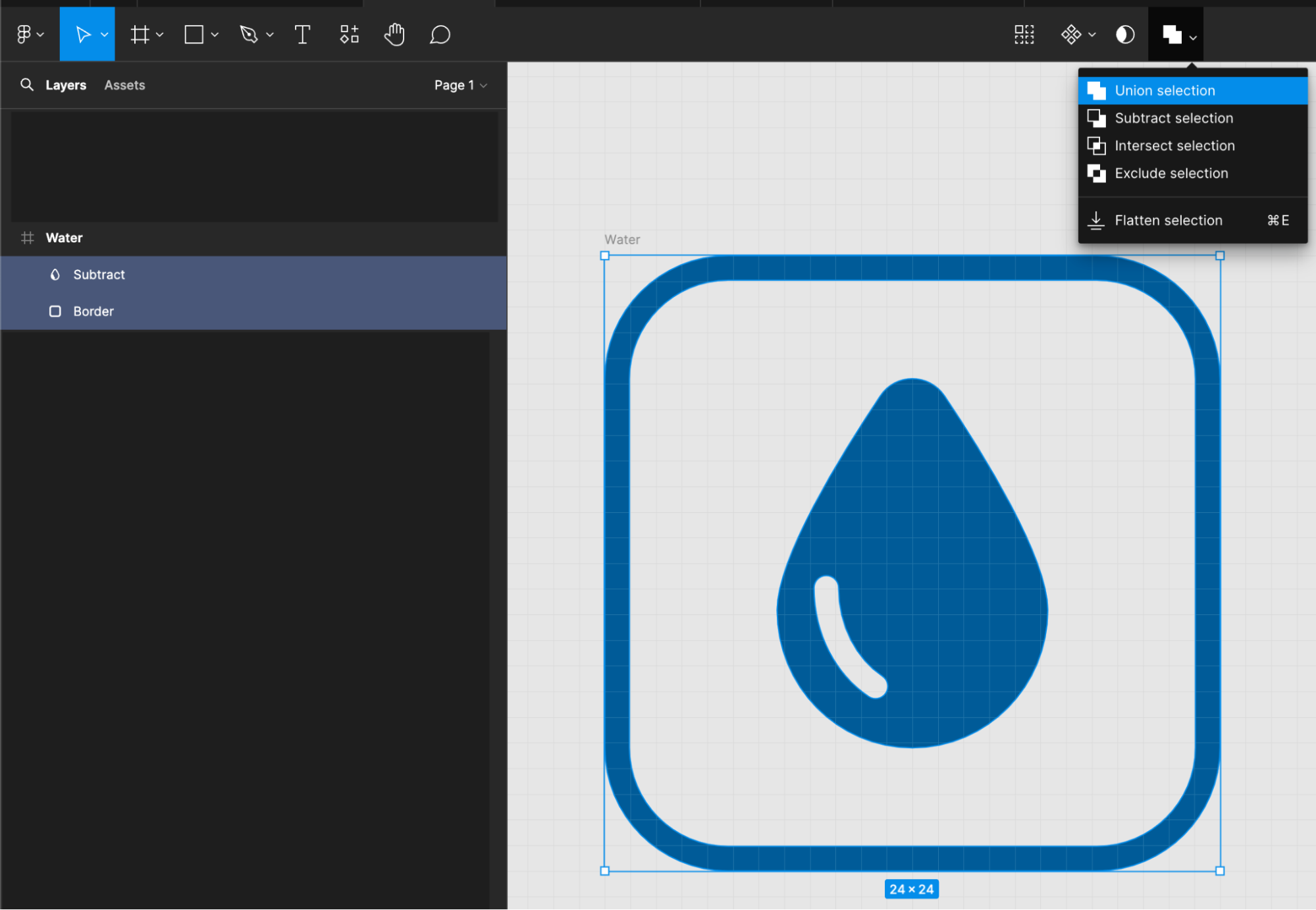 A screenshot of Figma showing the 'Sutract' and 'Droplet' layers selected, along with the 'Union selection' option highlighted in the 'Boolean Groups' dropdown.