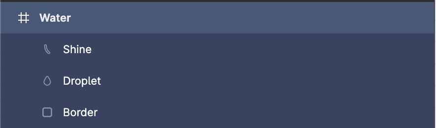 A screenshot of Figma's layers panel showing the three layers 'Shine', 'Droplet', and 'Border' inside of a frame titled 'Water'.